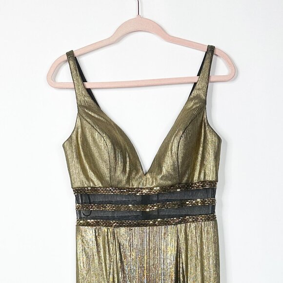 NWT Flash by Mac Duggal Illusion Waist D V-Neck Gown 8 Antique Gold #8057 - Picture 7 of 11